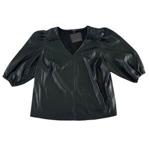 Marc New York Andrew Marc Women Black Faux Leather V-Neck‎ Top 3X Plus NWT $69